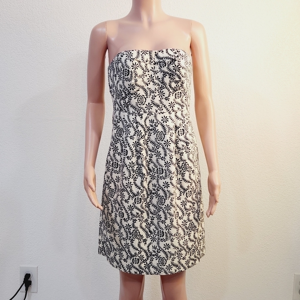 J. Crew Ella Strapless White & Black Floral Shift Cotton Blend Dress Size: 6